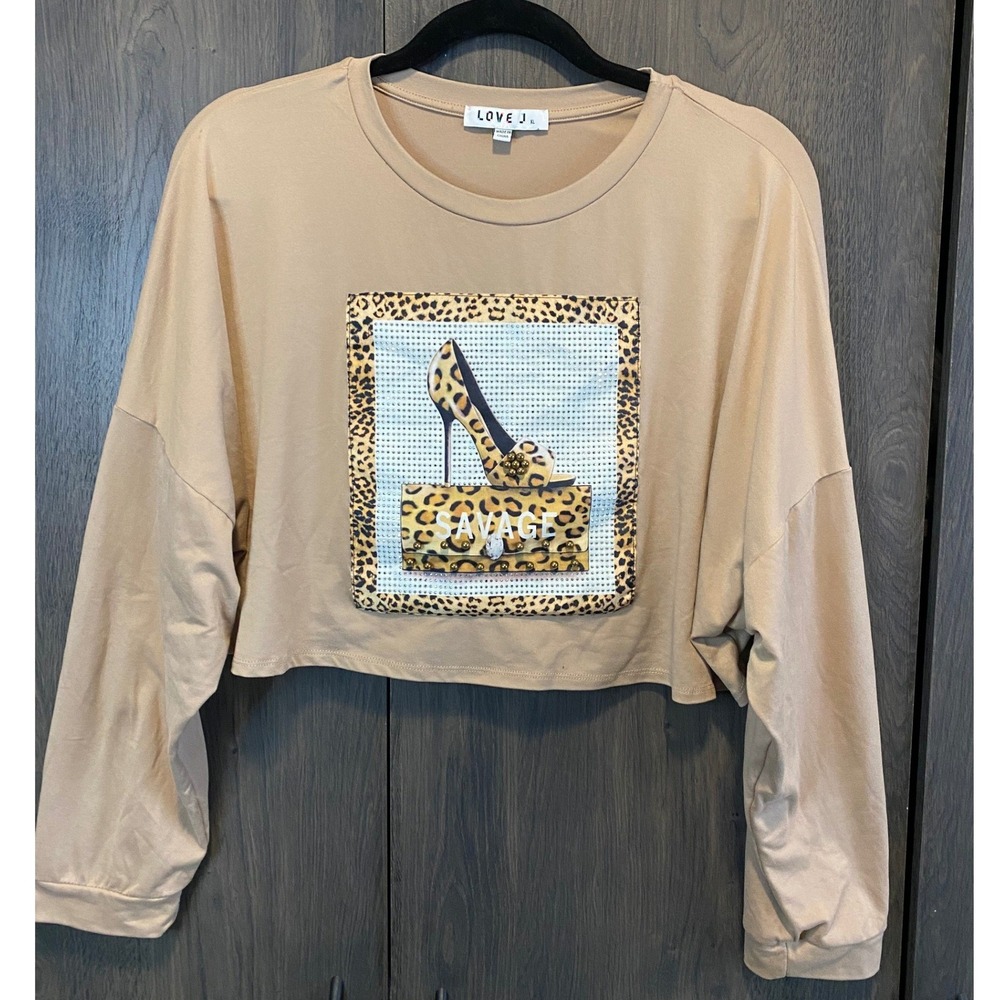 Love J Tan Savage Leopard Print Graphic Cropped Long‎ Sleeve Top XL